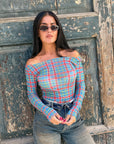 Maglia fantasia tartan Dreem celeste