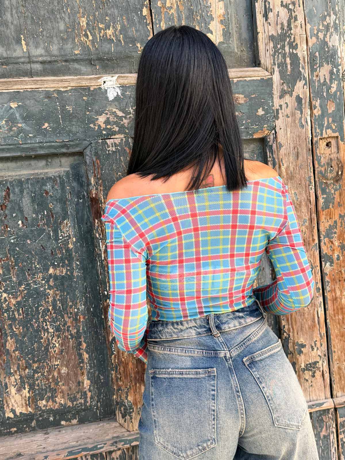 Maglia fantasia tartan Dreem celeste
